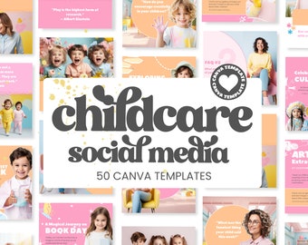 Puede incluir: Una colección de 50 plantillas coloridas de Canva para redes sociales de guardería. Las plantillas presentan imágenes de niños, maestros y actividades. El texto "childcare social media" está en letras grandes y negritas. El texto "50 plantillas de Canva" está en letras más pequeñas debajo.