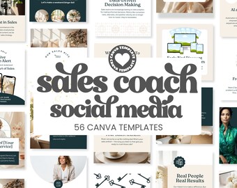 Puede incluir: Un collage de imágenes que promocionan el contenido de redes sociales de un entrenador de ventas. Las imágenes presentan una variedad de temas, que incluyen la toma de decisiones basada en datos, talleres exclusivos y personas reales, resultados reales. El texto "sales coach social media" aparece en una fuente grande y en negrita. El texto "56 CANVA TEMPLATES" también aparece en la imagen.