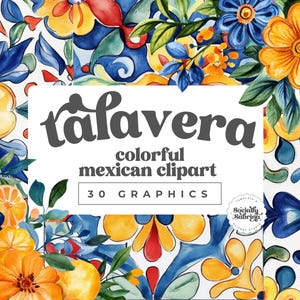 Mexican Talavera Clipart Set, Colorful Tile Designs PNG, 22 Tile Clipart and 8 Floral Bouquets, DIY Mexican Art, Digital Download,