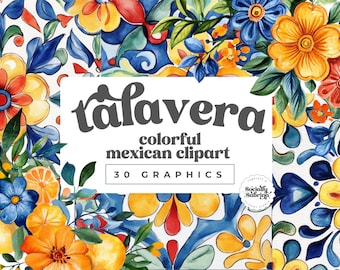 Mexican Talavera Clipart Set, Colorful Tile Designs PNG, 22 Tile Clipart and 8 Floral Bouquets, DIY Mexican Art, Digital Download,