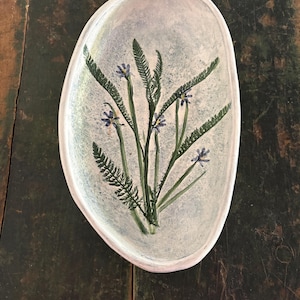 May include: An oval-shaped ceramic dish with a white, textured surface featuring a hand-painted botanical illustration. The design depicts green fern-like leaves and small blue flowers centered within the basin, finished with a smooth, raised rim.