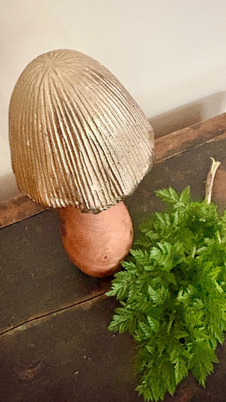 Pu&ograve; includere: Una scultura decorativa a forma di fungo con un cappello strutturato color oro e un gambo color terracotta. Il fungo &egrave; posto accanto a un gruppo di fogliame verde, creando un'estetica naturale e terrosa.