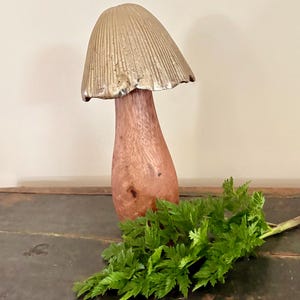 Pu&ograve; includere: Una scultura decorativa a forma di fungo con un cappello color oro e un gambo in legno marrone rossiccio. Un rametto di fogliame verde &egrave; appoggiato vicino alla base del fungo, aggiungendo un elemento naturale. Un oggetto di arredamento unico.
