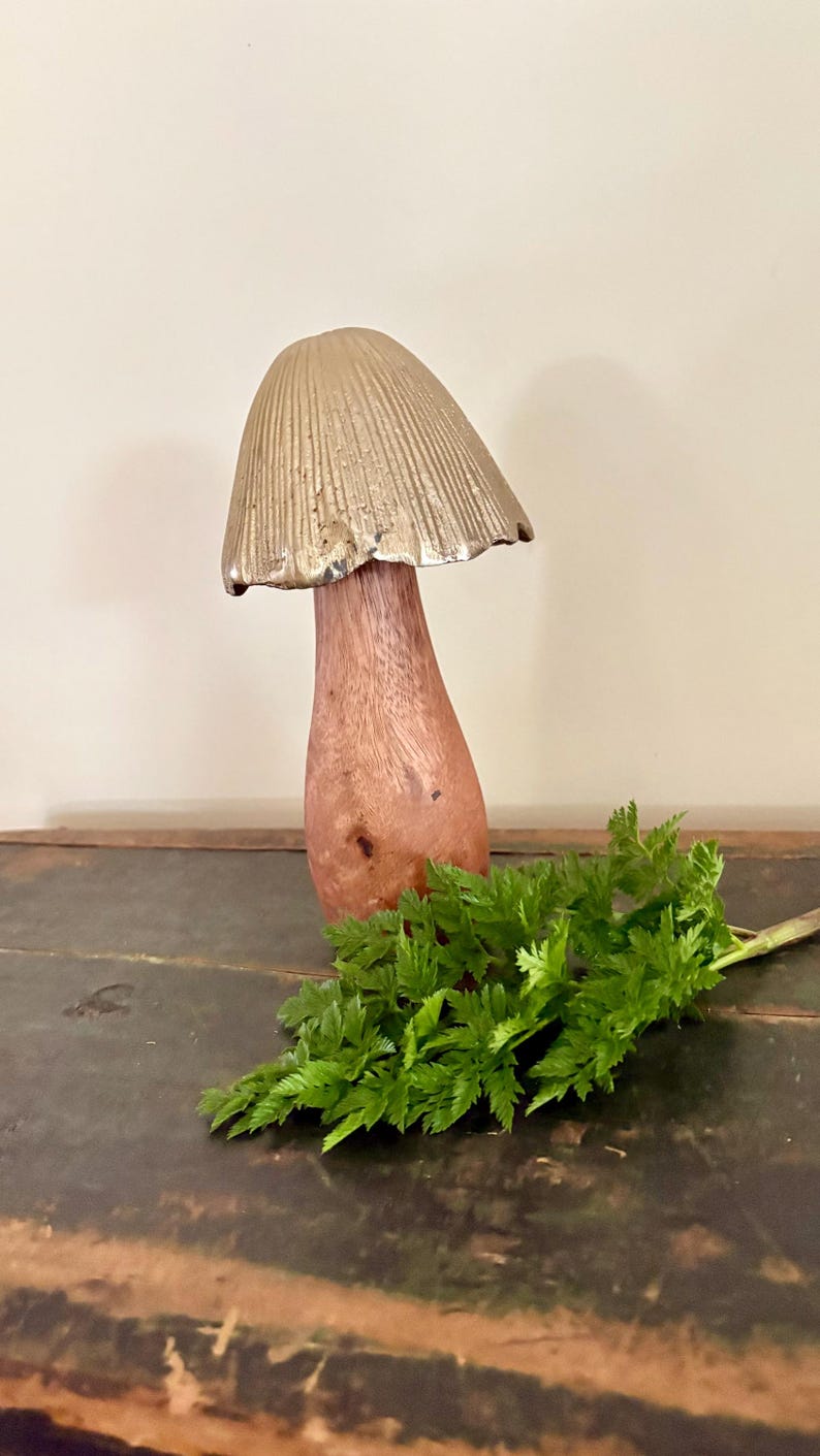Pu&ograve; includere: Una scultura decorativa a forma di fungo con un cappello color oro e un gambo in legno marrone rossiccio. Un rametto di fogliame verde &egrave; appoggiato vicino alla base del fungo, aggiungendo un elemento naturale. Un oggetto di arredamento unico.