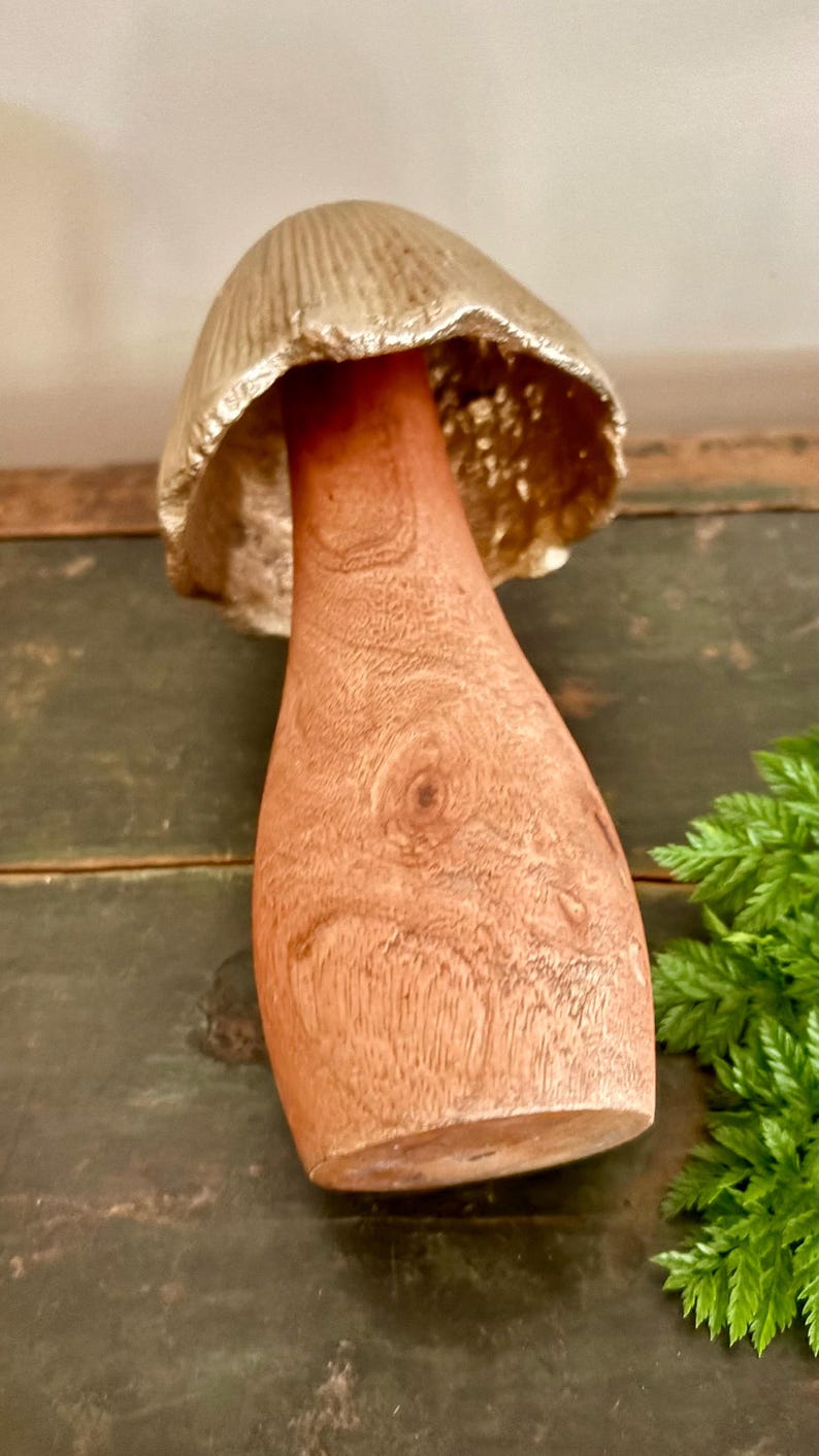 Pu&ograve; includere: Una statuetta decorativa a forma di fungo con un cappello color oro e un gambo in legno marrone chiaro. Il fungo &egrave; posto su uno sfondo verde scuro con un rametto di fogliame verde. Il cappello ha una finitura metallica strutturata.