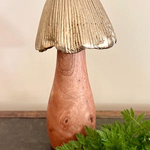 Pu&ograve; includere: Una scultura decorativa a forma di fungo con un cappello dorato e strutturato e uno stelo in legno. Il fungo &egrave; posto su uno sfondo neutro, con fogliame verde in primo piano. Un oggetto di arredamento per la casa unico.