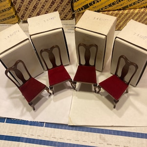 Vintage CONCORD Dollhouse Miniature 4 Nice LIGHTBrown/Maroon Wood Chairs, #746, New in Box! Beautiful!