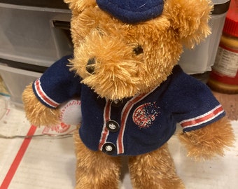 May include: A brown teddy bear wearing a blue baseball jersey with red and white stripes, a blue baseball cap with the letters "NY" in white, and holding a white baseball.