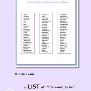 May include: A printable worksheet with a list of 72 personality traits divided into three categories: Sweet, Rational, and Eloquent. The words are listed in columns with a pink background and blue borders. The text "There are 72 personality traits in total, and they are all included below. Use this list to find the words in the word search & word fill puzzles." is at the top of the page. The text "It comes with a LIST of all the words to find" is at the bottom of the page.