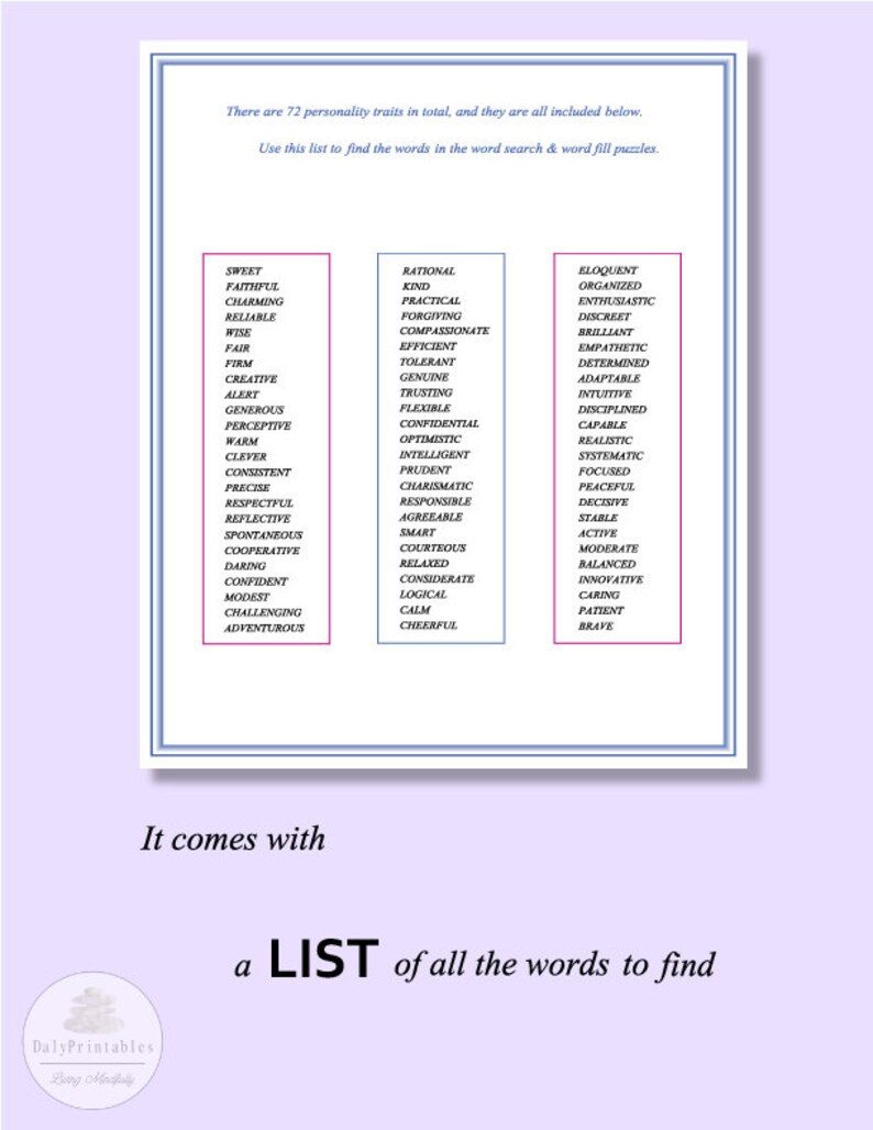 May include: A printable worksheet with a list of 72 personality traits divided into three categories: Sweet, Rational, and Eloquent. The words are listed in columns with a pink background and blue borders. The text "There are 72 personality traits in total, and they are all included below. Use this list to find the words in the word search & word fill puzzles." is at the top of the page. The text "It comes with a LIST of all the words to find" is at the bottom of the page.