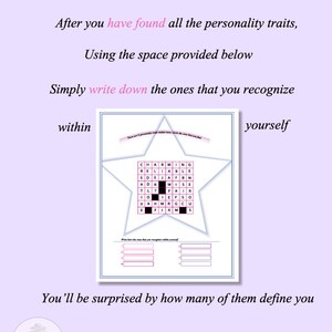 May include: A printable worksheet with a word search puzzle in the shape of a star. The puzzle is titled "Personality Traits" and includes words like "reliable", "charming", "wise", and "fair". The worksheet instructs users to find the words in the puzzle and then write down the ones that they recognize within themselves.