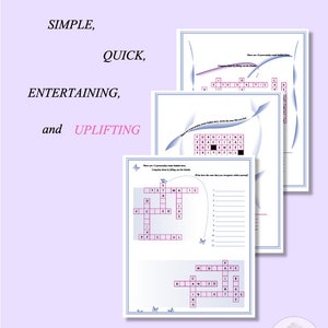 May include: A printable crossword puzzle with the words "FORGIVING", "PRACTICAL", "FAITHFUL", and "WISE" in the grid. The puzzle is designed to be simple, quick, entertaining, and uplifting.