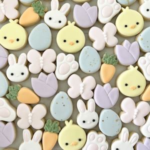 May include: Assortment of Easter-themed sugar cookies decorated with pastel colors and various designs, including chicks, bunnies, butterflies, eggs, carrots, and paw prints.