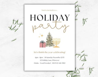 Holiday Party Invitation Template, Editable, Chrismukkah Party Invite, Christmas, Hanukkah, Chic, Trendy, Feminine