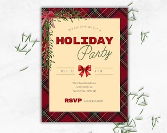 Holiday Party Invitation Template, Editable, Christmas Party Invite, Plaid, Red & Green