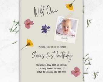 Wild One First Birthday Party Invitation Template, Editable, Wildflower 1st Birthday Digital Evite