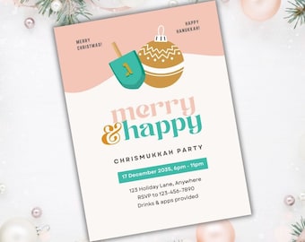 Chrismukkah Party Invitation Template, Editable, Holiday Party Invite, Christmas, Hanukkah, Modern, Pastel, Trendy