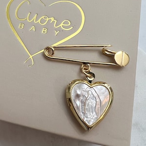 24K gold plated baby safety pin. Guadalupe virgin. Picture locket charm. Mother pearl virgin. Catholic baby pin. Baby keepsake.