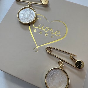 24k gold plated Baby safety pin. Mother pearl St. Benedict. Guadalupe medal. Baptism gift. Catholic baby gift. Guadalupe safety pin