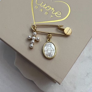 24k gold plated Baby safety pin. Nacre Angel charm. Guardian Angel. Baby shower gift. Baptism gift. New born gift. Catholic gift.