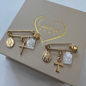 24K Baby safety pin gold plated. Pin brooch. Baby protection. Baptism gift. Sacred heart pin. Protection baby pin. Keepsake