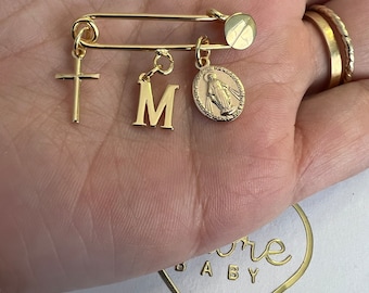 24K Gold Baby safety pin. Custom baby safety pin. Gold plated baby safety pin. Stroller pin. Custom Baby Brooch pin. Protection pin