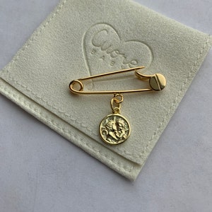 Gold plated safety pin. Baby safety pin. Baby pin brooch. Stroller brooch. Guardian Angel safety pin