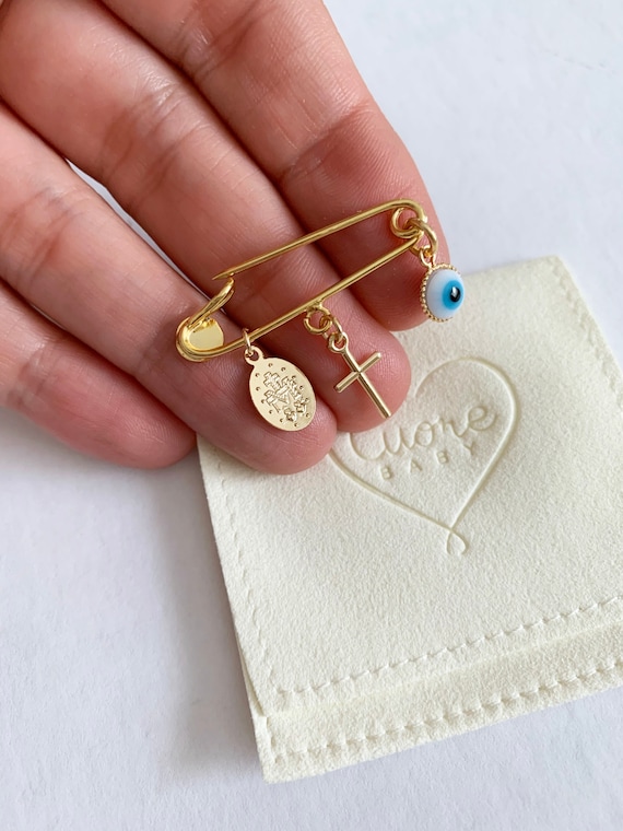 24K Gold Baby Safety Pin. Evil Eye Baby Safety Pin. Gold Plated