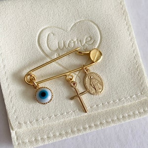 24K Gold Baby safety pin. Evil eye baby safety pin. Gold plated baby safety pin. Stroller pin. evil eye for baby protection. baby brooch pin
