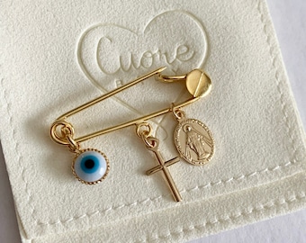 24K Gold Baby safety pin. Evil eye baby safety pin. Gold plated baby safety pin. Stroller pin. evil eye for baby protection. baby brooch pin