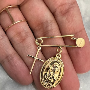24K Gold Baby safety pin. Protection baby safety pin. Gold plated baby safety pin. Stroller pin. Saint Joseph, cross medal baby pin