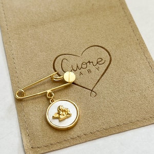 24k gold plated Baby safety pin. Nacre Angel charm. Guardian Angel. Baby shower gift. Baptism gift. New born gift. Catholic gift.
