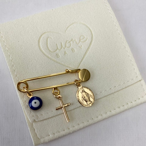 24K Gold Baby safety pin. Evil eye baby safety pin. Gold plated baby safety pin. Stroller pin. evil eye for baby protection. baby brooch pin