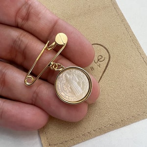 24k gold plated Baby safety pin. Mother pearl St. Benedict. Baby shower gift. Baptism gift. New born gift. catholic baby gift