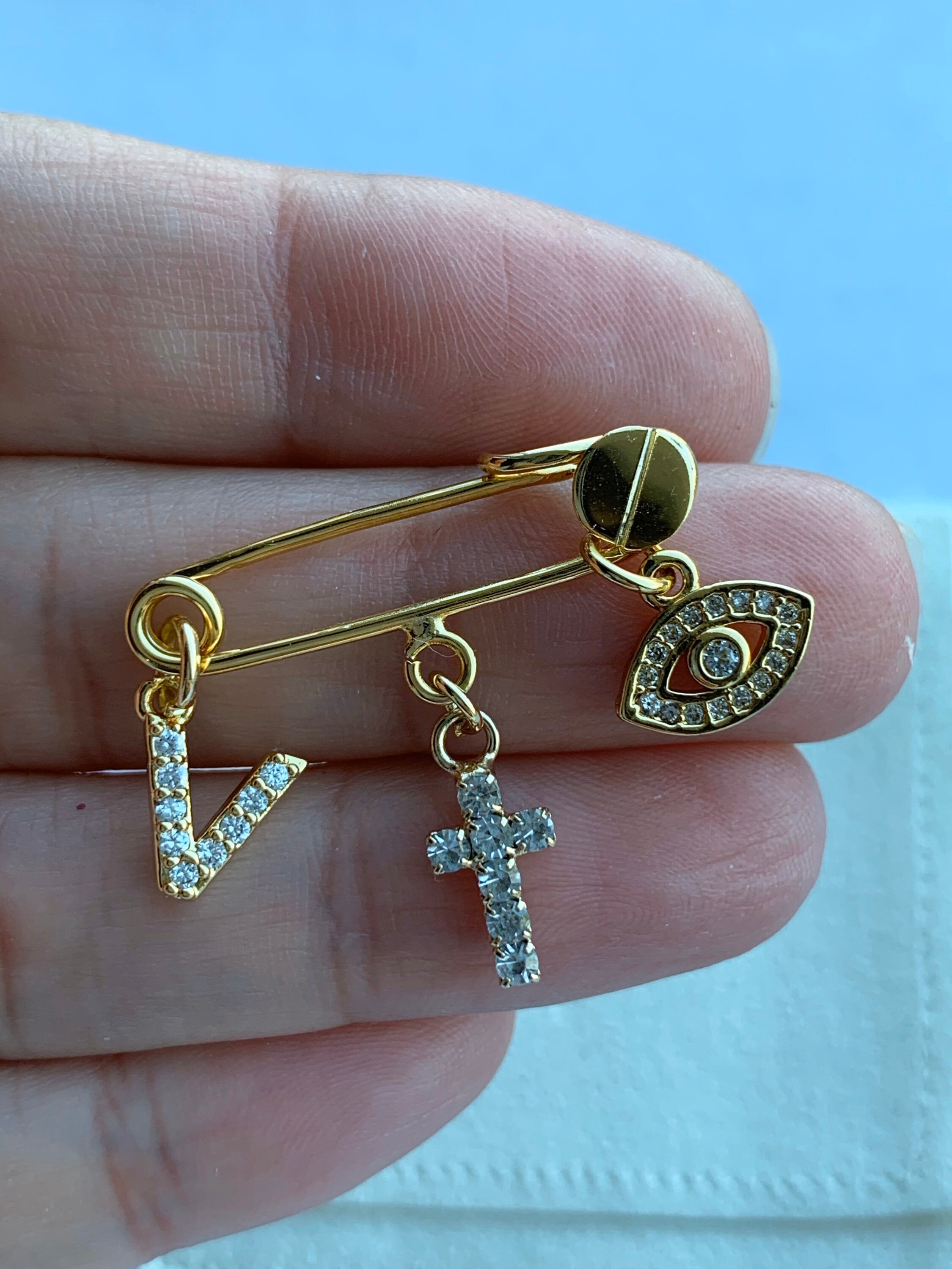 24k gold plated Baby safety pin. Baby evil eye. Baby jewelry. Etsy