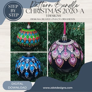 May include: Three Christmas ornament designs with step-by-step instructions. The ornaments are 8 cm in diameter and feature a black background with colorful dot patterns. The designs include a green, red, and blue pattern, a pink and gold pattern, and a blue and silver pattern.