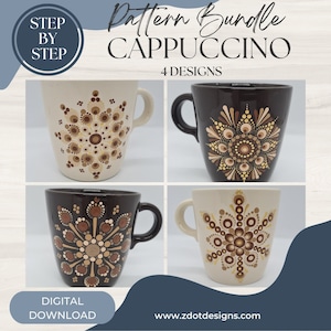 May include: Four different designs for dot painting mugs. Each mug features a brown and beige mandala design. The designs are labelled "Cappuccino" and "4 Designs".