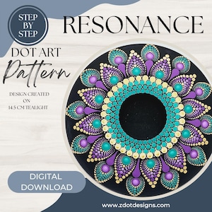 Pode incluir: Um padrão de mandala de pontos com um esquema de cores turquesa, roxo e dourado. O design é criado em um tealight de 14,5 cm. A imagem inclui o texto "RESONANCE" e "DOT ART Pattern".
