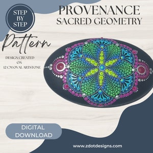 May include: A digital download pattern for a dot painting design on a 12 cm oval artstone. The design features a green, blue, and pink mandala with the text "PROVENANCE SACRED GEOMETRY".