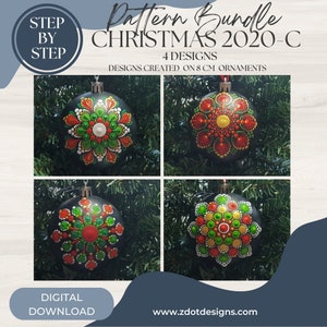 May include: Four Christmas bauble designs featuring red, green and yellow mandala patterns on a black background. The baubles are 8 cm in diameter. The designs are titled "Christmas 2020-C" and are available as a digital download.