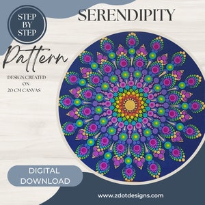 May include: Serendipity dot painting pattern, a step-by-step guide to create a colourful mandala design on a 20 cm canvas. The mandala features a rainbow centre surrounded by layers of purple, pink, blue, green, and gold dots.