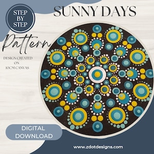 May include: A digital download pattern for a dot painting mandala design called "Sunny Days". The design features a black background with yellow and blue circles of varying sizes. The design is created on a 10cm canvas.