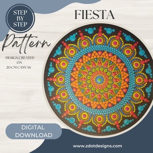 May include: A digital download pattern for a colourful dot painting mandala, titled "FIESTA". The design is created on a 20 cm canvas.