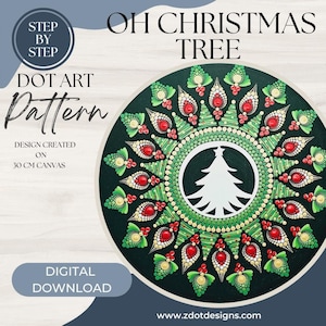 May include: A digital download pattern for a dot art Christmas tree mandala. The design is created on a 30 cm canvas and features a white silhouette of a Christmas tree in the center surrounded by green, red, and gold dots.