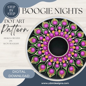 Może przedstawiać: Cyfrowy wzór do malowania kropkami o nazwie "Boogie Nights" zaprojektowany na świecznik o średnicy 14 cm. Wzór przedstawia mandalę z różowymi, pomarańczowymi, zielonymi i białymi kropkami na czarnym tle.