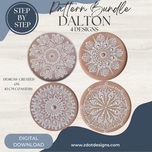 May include: Four 10 cm round coasters with white dot mandala designs on a light brown background. The designs are labelled "Pattern Bundle DALTON 4 DESIGNS".