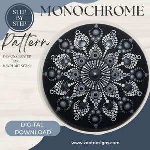 Könnte beinhalten: Monochromes Mandala-Musterdesign auf einem schwarzen 11,5 cm Kunststein. Das Design zeigt ein symmetrisches Muster in Grau- und Weißtönen. Das Bild enthält den Text "Step by Step Pattern" und "Digital Download".
