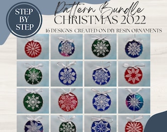 May include: A digital download pattern bundle for 16 Christmas ornament designs. The designs feature snowflakes and other wintery motifs on a white background. The designs are created on DIY resin ornaments. The text "Pattern Bundle Christmas 2022" is at the top of the image. The text "16 Designs Created on DIY Resin Ornaments" is below the title. The text "Step by Step" is in a circle in the upper left corner of the image. The text "Digital Download" is in a rectangle in the lower left corner of the image. The text "www.zdotdesigns.com" is in the lower right corner of the image.