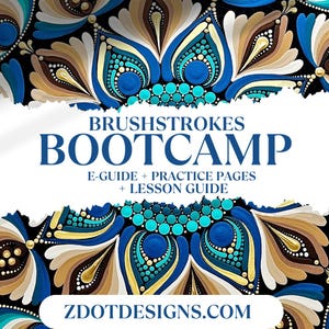 Peut inclure: Un téléchargement numérique pour un bootcamp de coups de pinceau. L'image montre un motif de mandala avec des couleurs bleues, turquoise, dorées et brunes. Le texte sur l'image est "Brushstrokes Bootcamp, E-Guide + Practice Pages + Lesson Guide, Zdotdesigns.com".