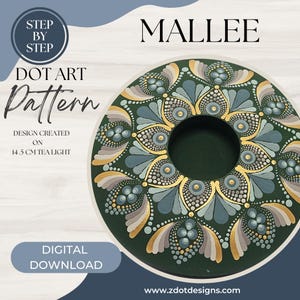 May include: A green dot art pattern design for a 14.5 cm tea light. The design features a floral mandala with gold, grey, and blue accents. The image includes the text "MALLEE", "DOT ART Pattern", and "DIGITAL DOWNLOAD".